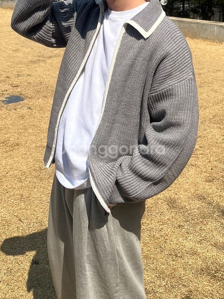 배색 집업 가디건 오버핏 그레이--1