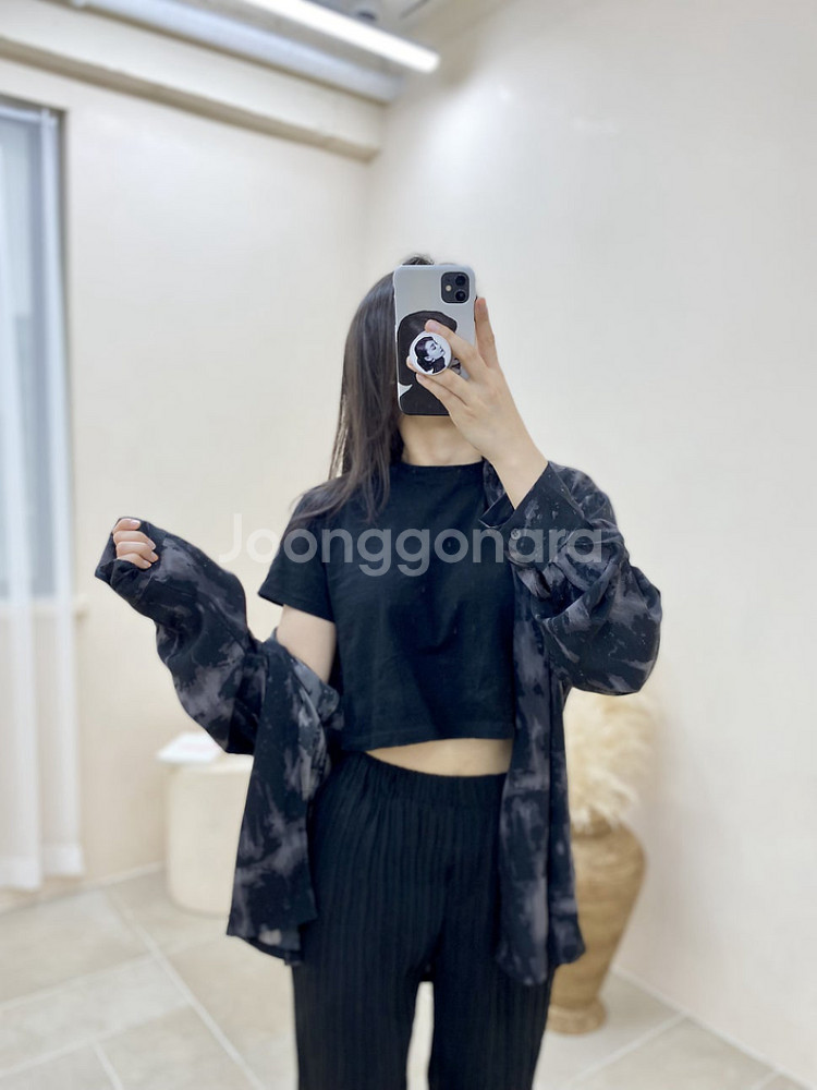 블랙 기본 무지 반팔 크롭 티셔츠--0