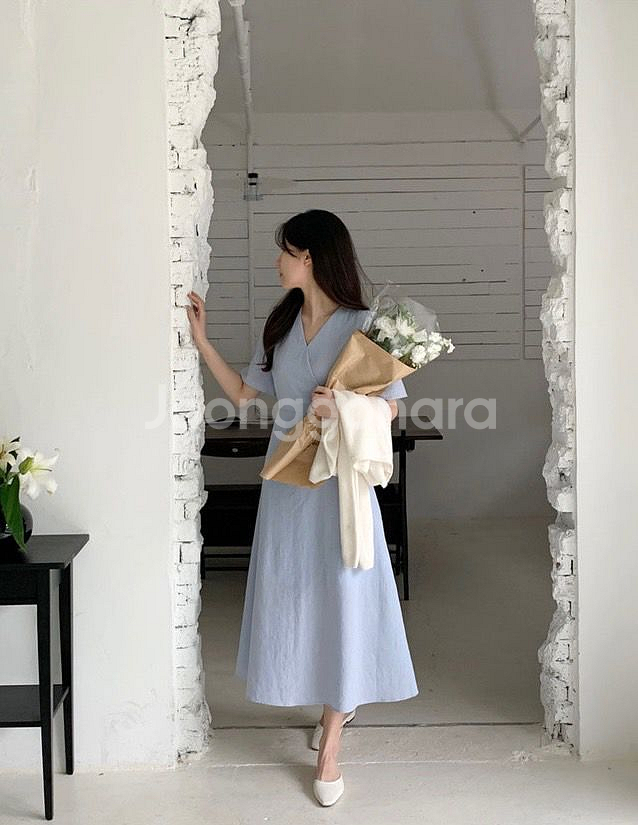 브이넥 셔링 반팔롱원피스 베이지--1