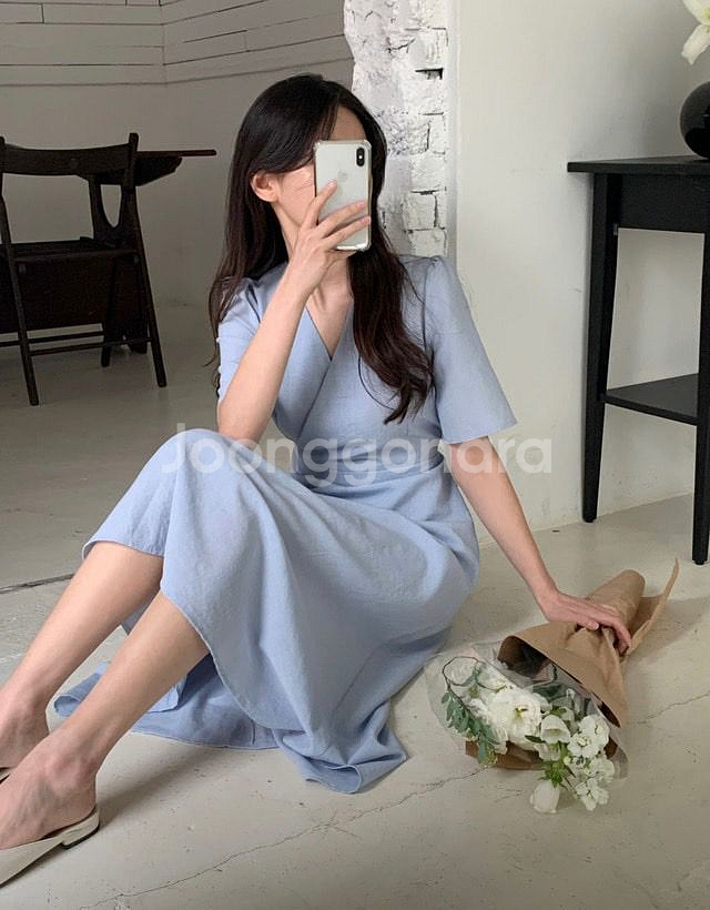 브이넥 셔링 반팔롱원피스 베이지--0