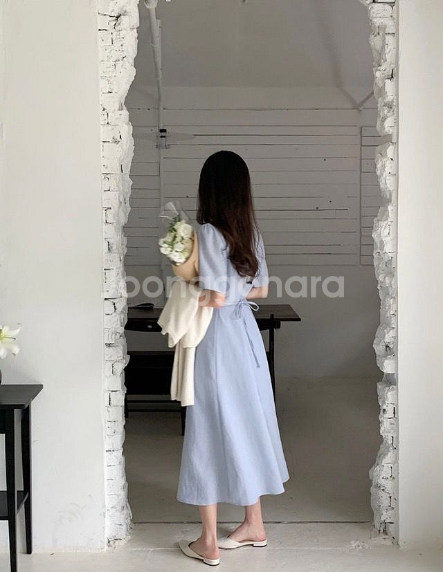 브이넥 셔링 반팔롱원피스 베이지--2