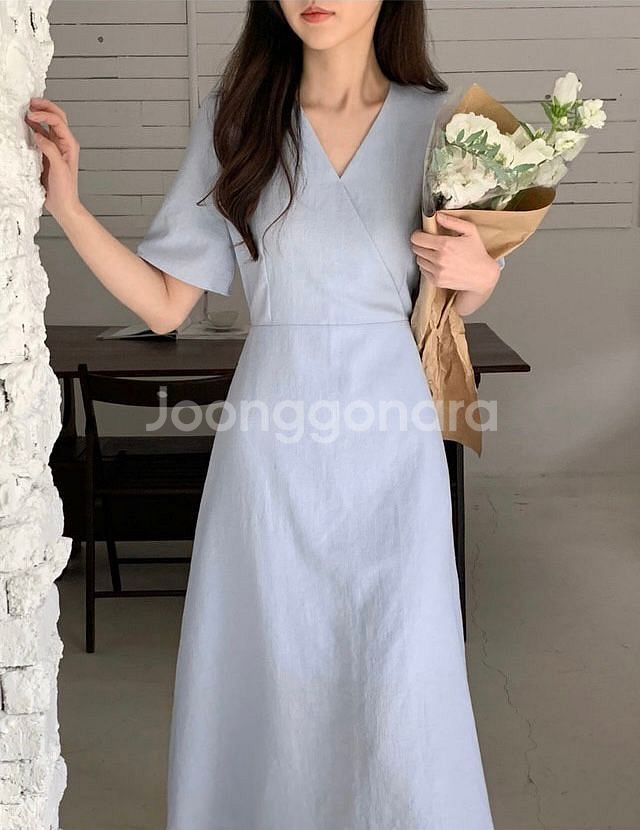 브이넥 셔링 반팔롱원피스 베이지--3