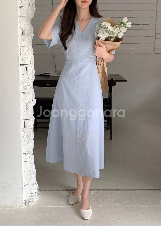 브이넥 셔링 반팔롱원피스 베이지--8