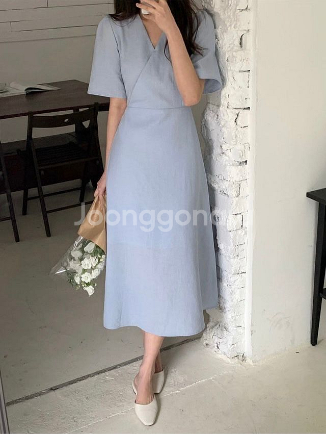 브이넥 셔링 반팔롱원피스 베이지--6