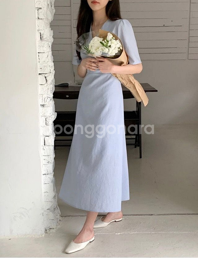 브이넥 셔링 반팔롱원피스 베이지--4