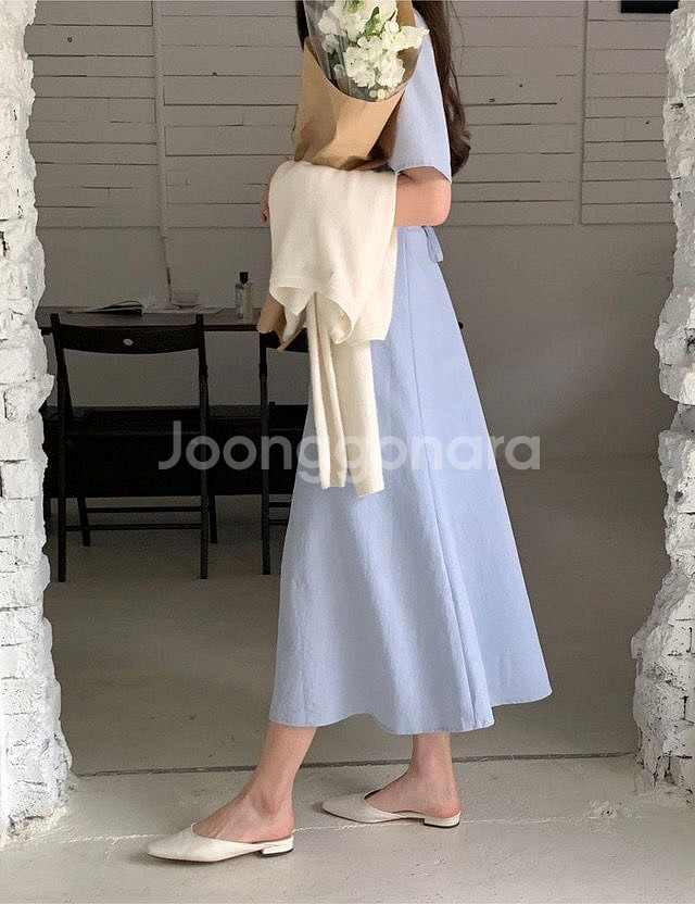 브이넥 셔링 반팔롱원피스 베이지--5