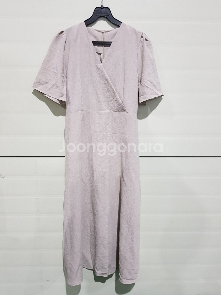 브이넥 셔링 반팔롱원피스 베이지--9