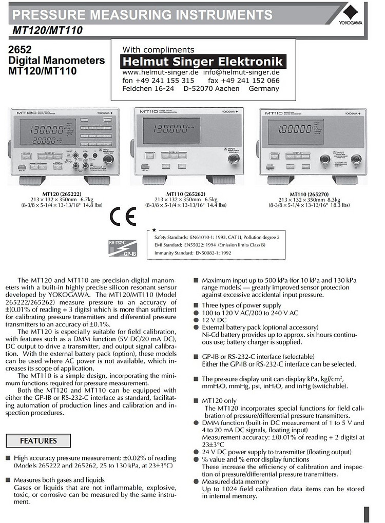 Yokogawa MT110 디지털 압력계 10Kpa--5