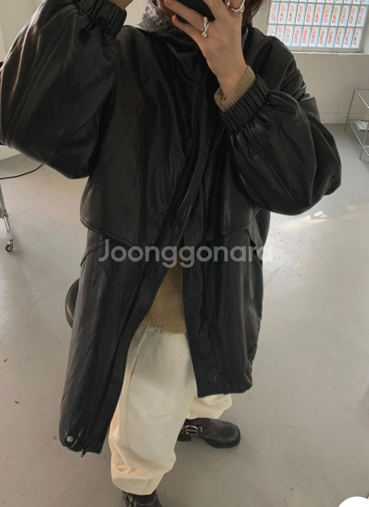 후드 레더 덤블 점퍼 검정--4
