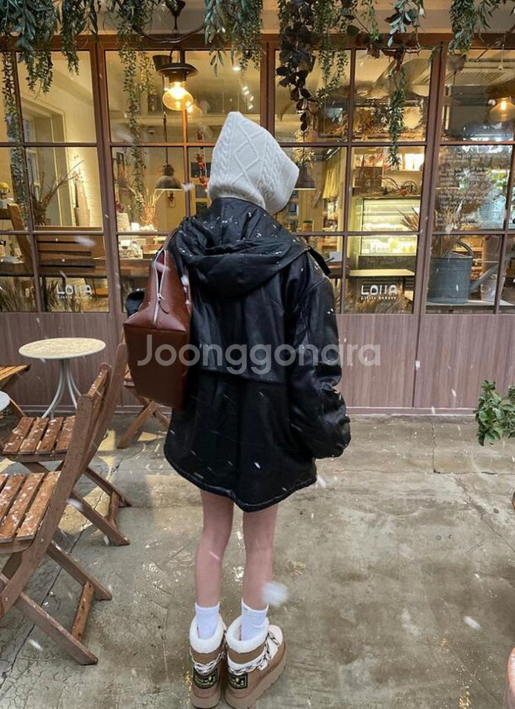 후드 레더 덤블 점퍼 검정--8