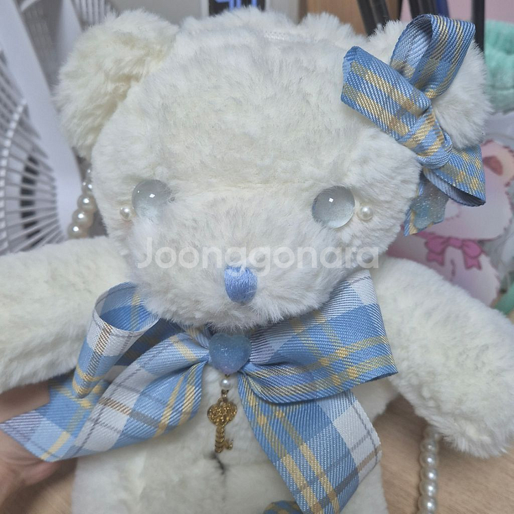 하늘색 스카이블루 체크리본 테디베어 인형--1