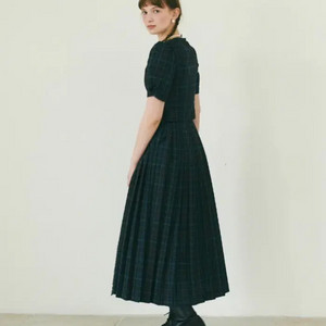 플레따- check long pleats skirt