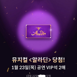 (원가 이하)뮤지컬 알라딘 1/23(목) vip 2연석