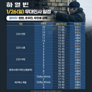 1/26(무대인사) 하얼빈 인천cgv A열2연석 양도!