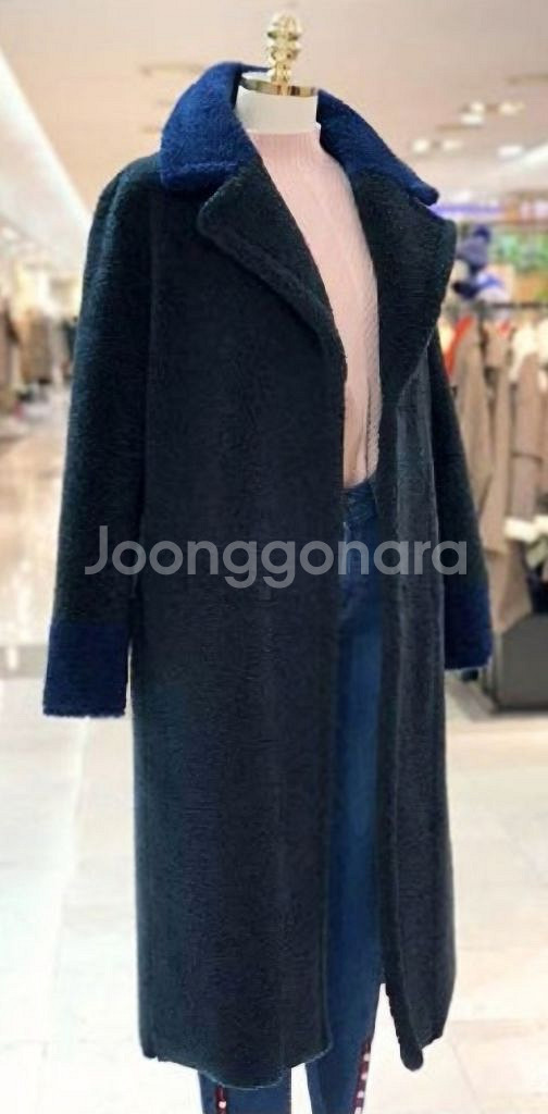 뽀글이 부클 카라배색 네이비 롱 코트 양털st--8