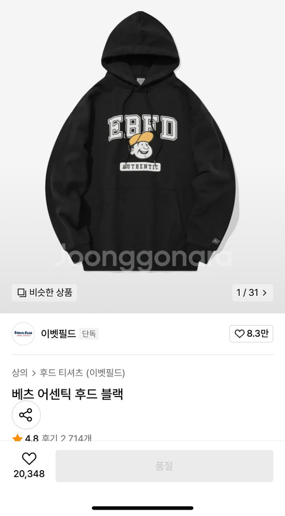 이벳필드 베츠 어센틱 후드 블랙 XL--1