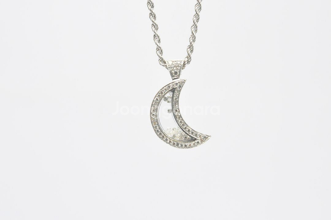 천연 다이아몬드 초승달 파베 플로팅 펜던트 목걸이--2