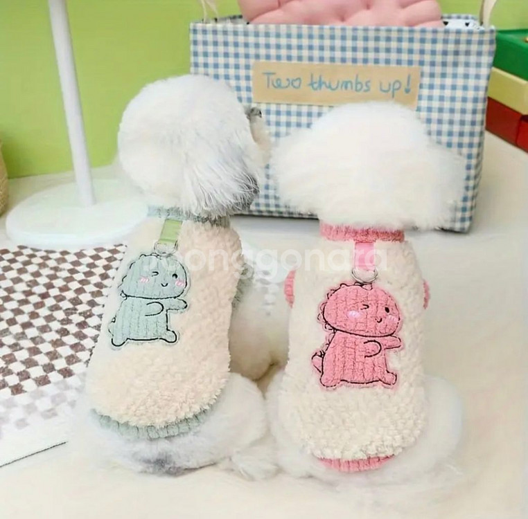 M L XL 공룡그림 두툼한 양털조끼 강아지옷--2