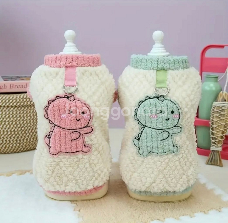 M L XL 공룡그림 두툼한 양털조끼 강아지옷--1