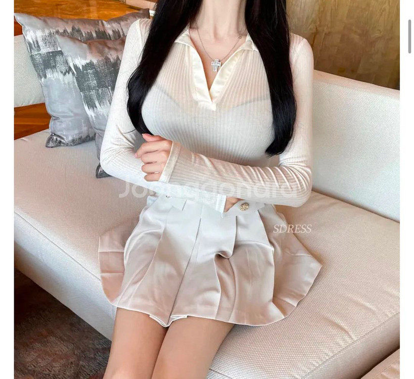 (새제품) 새틴 카라 블라우스 티셔츠 아이보리 / 블랙--2