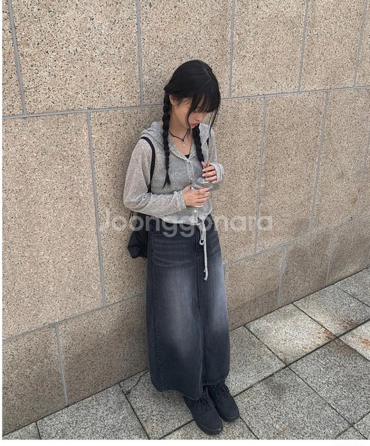 에이블리 애니원모어 블랙 데님롱 스커트 M--1