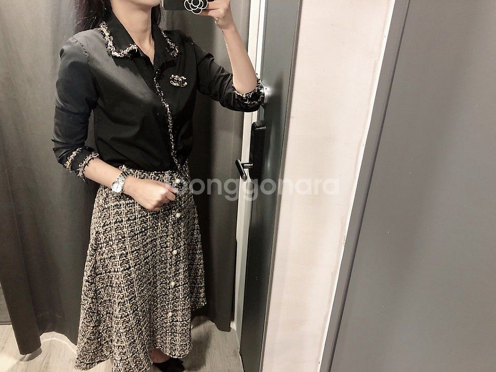 진주 A라인 플레어 트위드 스커트 치마 뒷밴딩 미디 롱--2