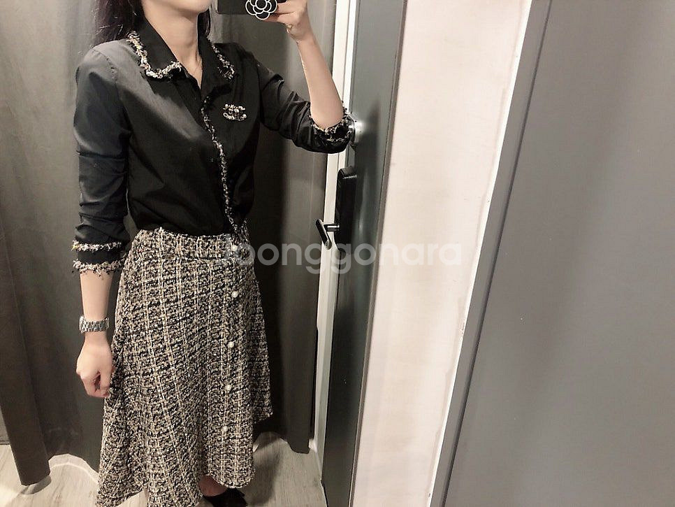 진주 A라인 플레어 트위드 스커트 치마 뒷밴딩 미디 롱--3