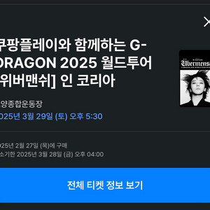 지드래곤 2025 콘서트 티켓 3/29 토요일 R석 팔