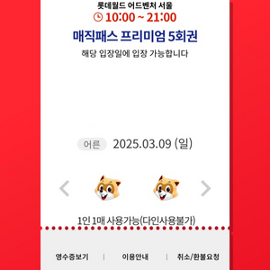 3월9일(일)롯데월드 매직패스 5회권