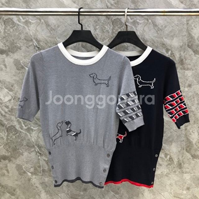 톰브라운 사선완장 강아지 여성 반팔 니트 2칼라--0