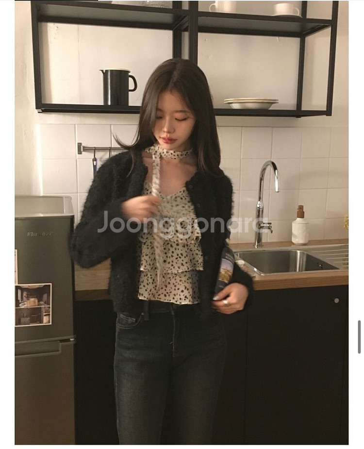 뮤트크레메 지그재그 호피 프릴 타이 블라우스 가디건--1
