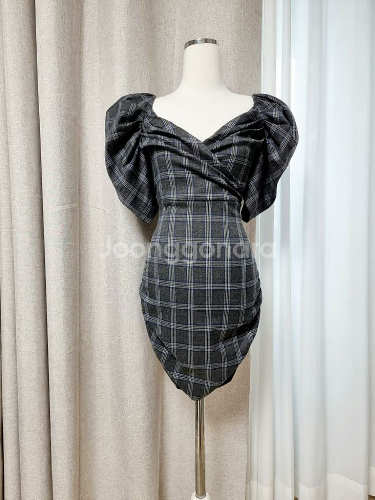 [시착만] 퍼프소매 체크셔링원피스 (44~마른55)--0