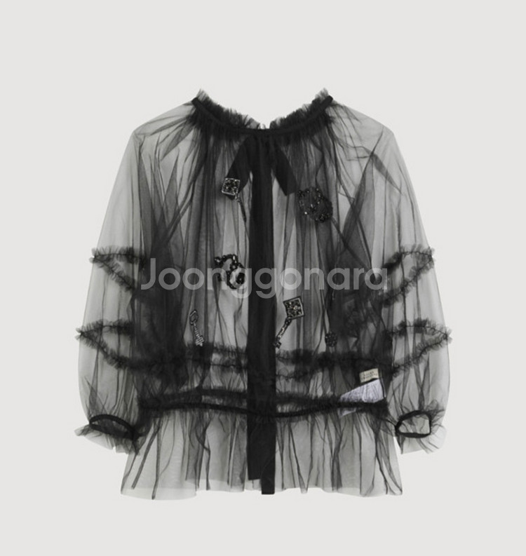 럭키슈에뜨 자수 포인트 메시 블라우스 택채 새상품--0