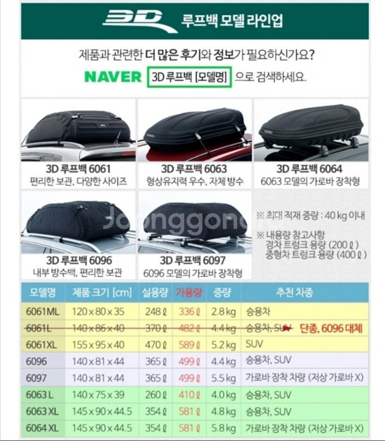 [네고칼차단] 3D 차량 루프백 6061L--2