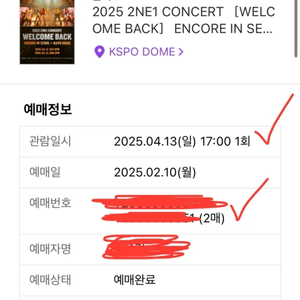 2025 2NE1 콘서트 티켓 2매 / S석 / 일