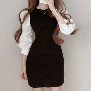 하객룩 벌룬 셔츠 소매 골지 니트 원피스