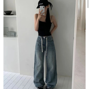 스트랩 와이드 데님 청바지