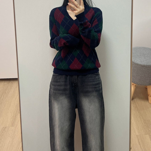 폴로 랄프로렌 아가일 패턴 브이넥 울 니트