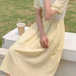 레이스 플라워 양면 스퀘어넥 쉬폰 원피스 L