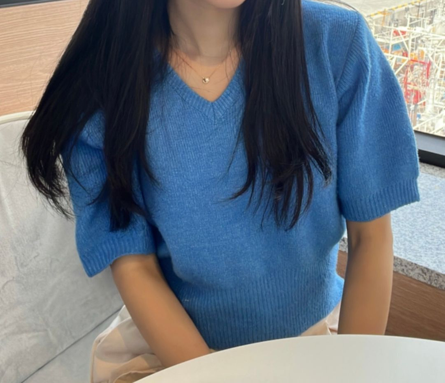 니트 브이넥 반팔티 블루--1