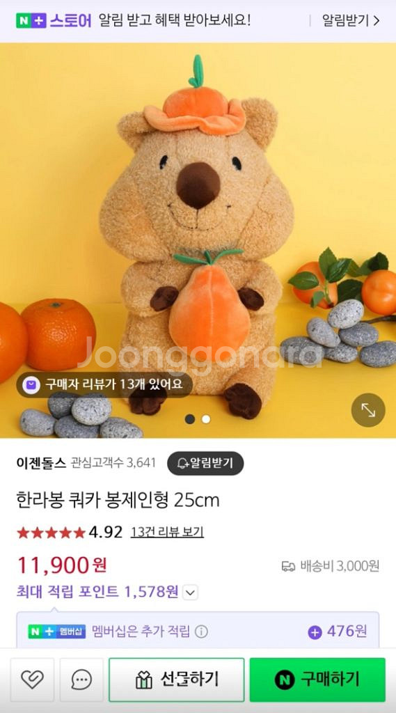 한라봉을 든 잎사귀 쿼카 (택0/새제품)--1