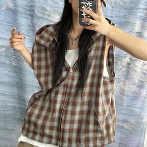 남녀공용 스트링 체크 후드 조끼(브라운)
