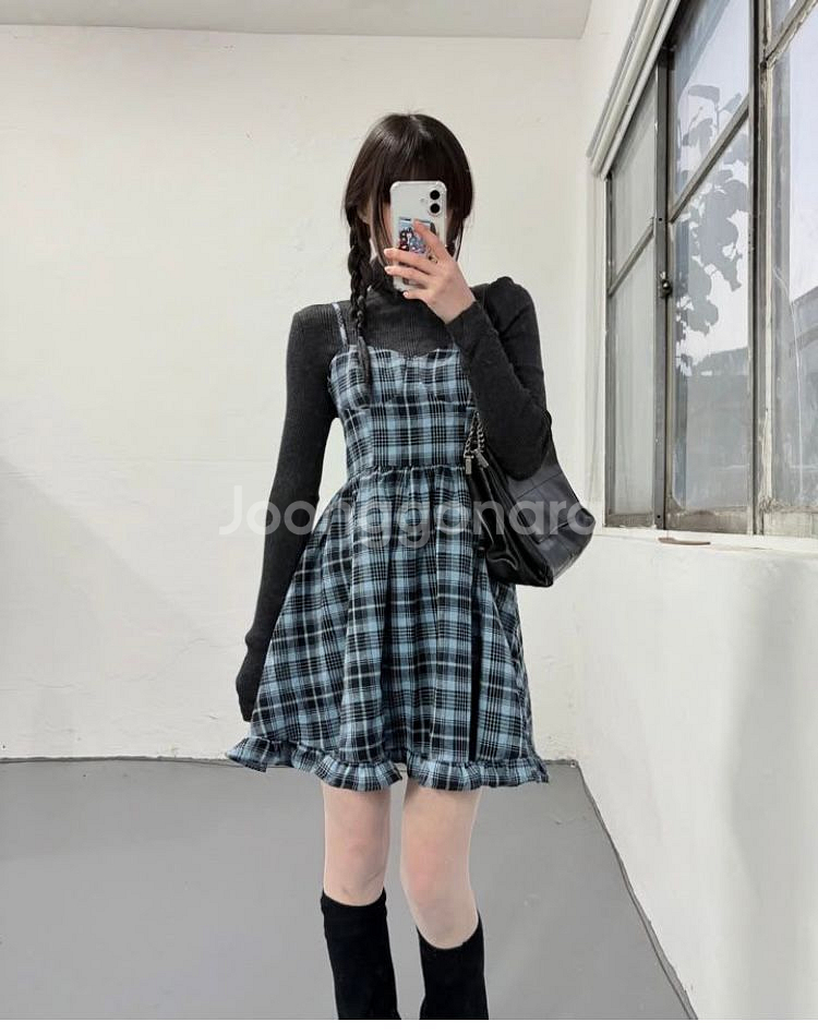 체크 원피스 뷔스티에 레이어드 일본 빈티지 새상태--3