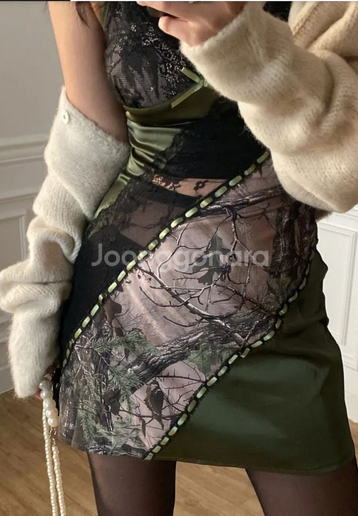 비비크 빈티지 에스닉 리프 시스루 사틴 미니드레스--0