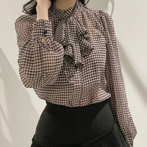 [한번도 안입음] 쉬폰 리본타이 스카프 하운드체크시스루