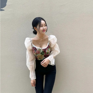 [미사용&새제품] 빈티지자수 퍼프 시스루 블라우스 (사