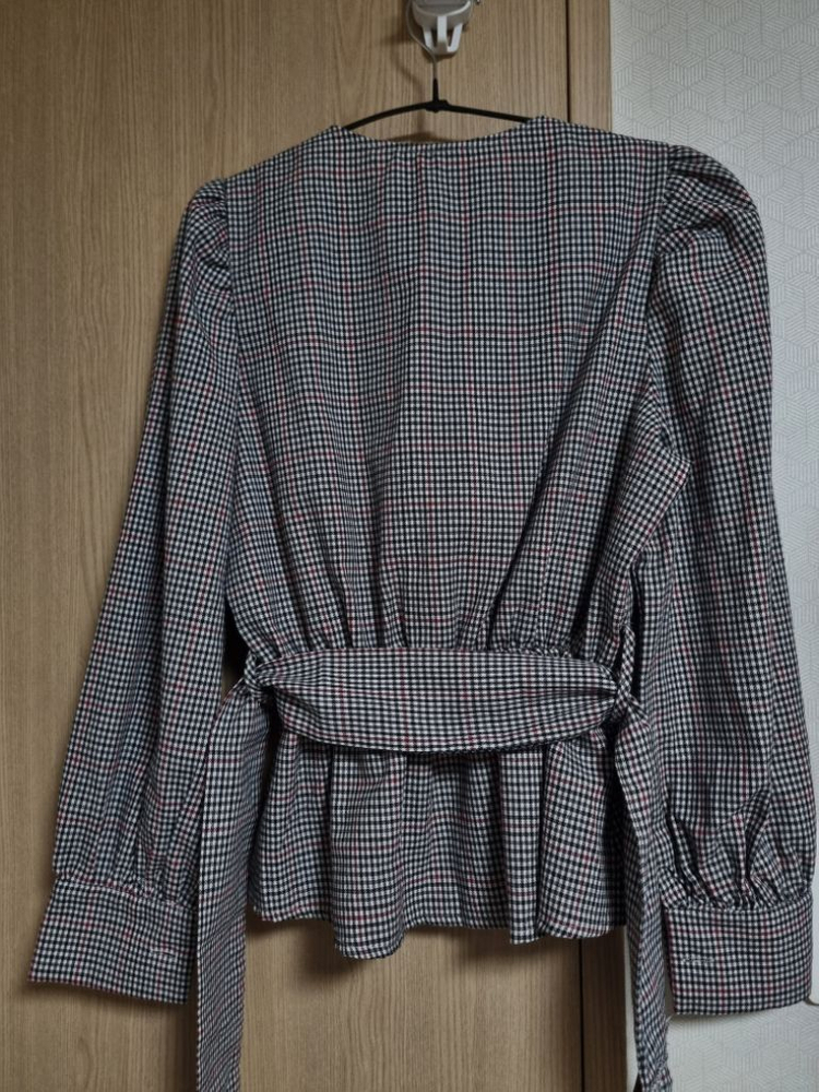 여성 체크무늬 벨트 블라우스--3