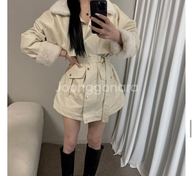 카라 밍크 퍼 레더 자켓 코트--0