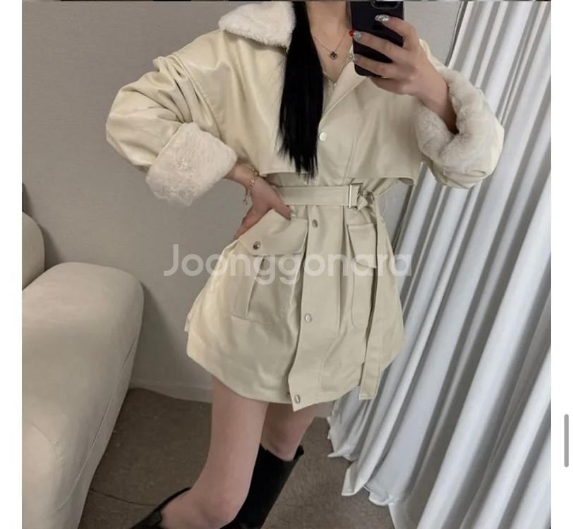 카라 밍크 퍼 레더 자켓 코트--1