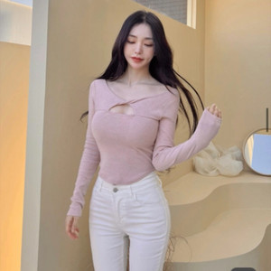 카인다미 리본 트임 보트넥 티 핑크